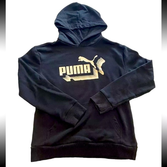 3/20 Puma Hoodie Boys Large 14/16 Black Graphic Fleece Hooded Pullover Logo - Picture 1 of 2